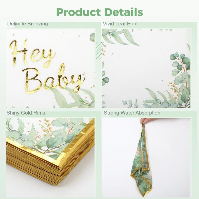 50 Pcs Hey Baby Floral Napkins, Leafy Design Baby Shower Disposable Paper Towels for Party and Wedding - Image 2