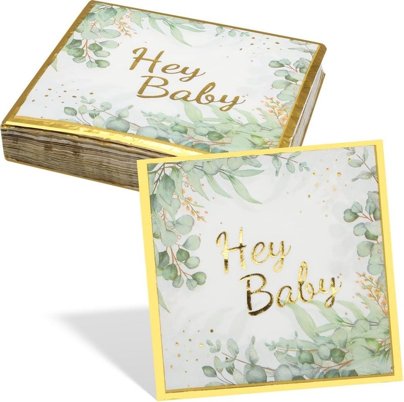 50 Pcs Hey Baby Floral Napkins, Leafy Design Baby Shower Disposable Paper Towels for Party and Wedding - Image 1