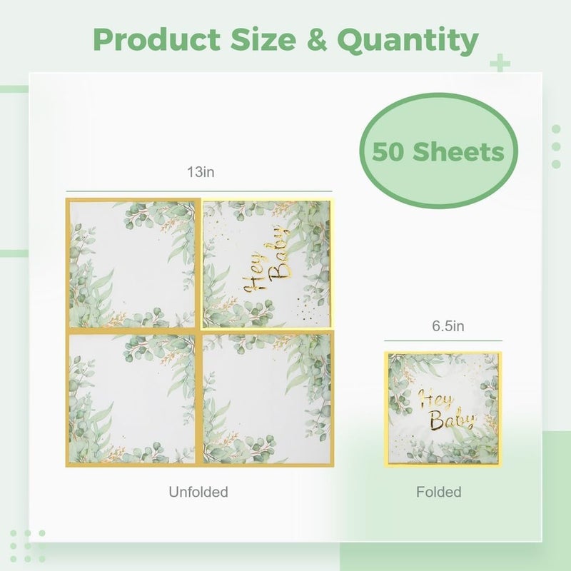 50 Pcs Hey Baby Floral Napkins, Leafy Design Baby Shower Disposable Paper Towels for Party and Wedding - Image 3