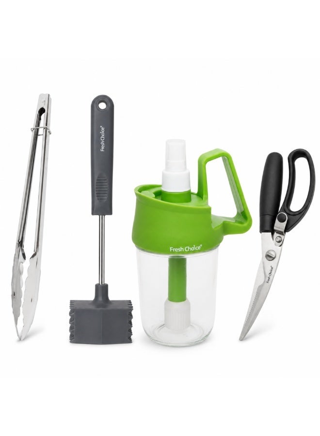 فريش تشويس مجموعة أدوات الشواء 4 قطع من Fresh Choice، ملاقط من الفولاذ المقاوم للصدأ، مطرقة لتطرية اللحوم، مقص دواجن وموزع زيت 3 في 1، أدوات للشواء والطهي والتقديم - Image 1