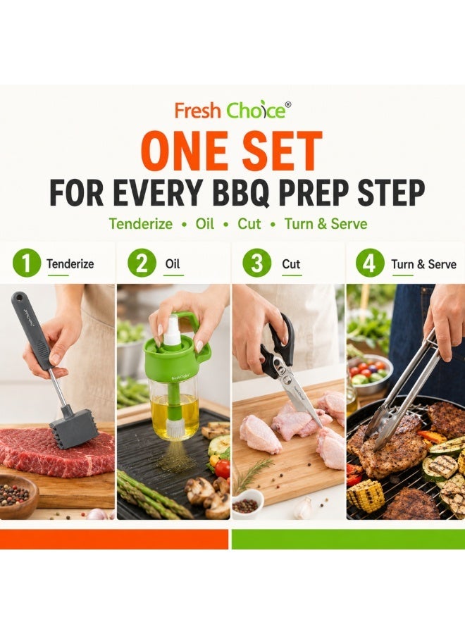 فريش تشويس مجموعة أدوات الشواء 4 قطع من Fresh Choice، ملاقط من الفولاذ المقاوم للصدأ، مطرقة لتطرية اللحوم، مقص دواجن وموزع زيت 3 في 1، أدوات للشواء والطهي والتقديم - Image 3