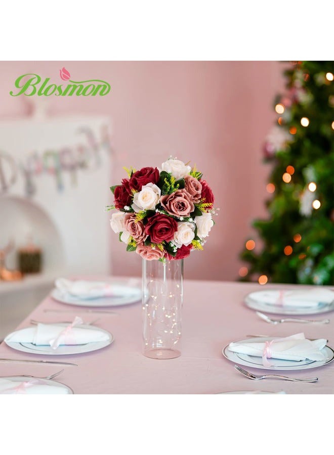 BLOSMON Flower Balls Wedding Rose Centerpieces: 6 Pcs Burgundy Blush & White Fake Flowers Kissing Balls Decor Artificial Floral Arrangements Flower Bouquet of Roses Home Party Room Table DIY Decoration - Image 3