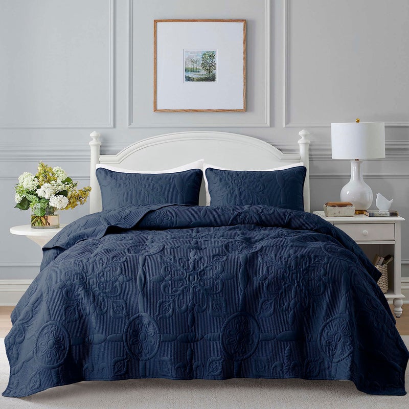 B2EVER Navy Blue Damask Quilt King Size Bedding Sets with 2 Pillow Shams Boho Bedspread Lightweight Soft Farmhouse Vintage Bohemian Coverlet Retro Jacquard Pattern Bed Cover for All Season 3 Pieces