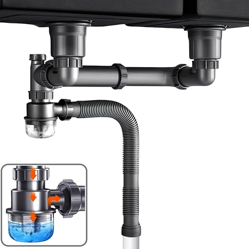 COLDDD Expandable Flexible 1 1/2" or 1 1/4" Pipe Kit for Double Kitchen Sink with Anti-Odor Sealing, All-In-One Drain Kit for Double Bowl Sinks, Space Saving, Suitable for Kitchen, Bathroom, and Restroom - Image 1