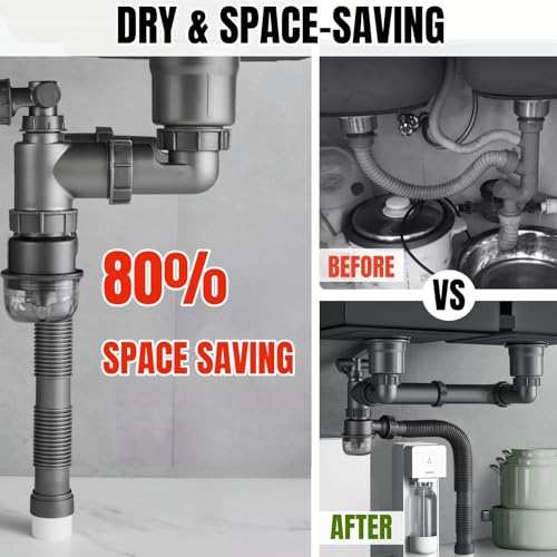 COLDDD Expandable Flexible 1 1/2" or 1 1/4" Pipe Kit for Double Kitchen Sink with Anti-Odor Sealing, All-In-One Drain Kit for Double Bowl Sinks, Space Saving, Suitable for Kitchen, Bathroom, and Restroom - Image 4