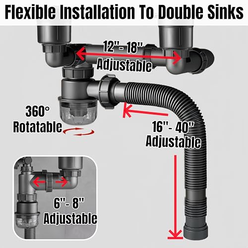 COLDDD Expandable Flexible 1 1/2" or 1 1/4" Pipe Kit for Double Kitchen Sink with Anti-Odor Sealing, All-In-One Drain Kit for Double Bowl Sinks, Space Saving, Suitable for Kitchen, Bathroom, and Restroom - Image 2