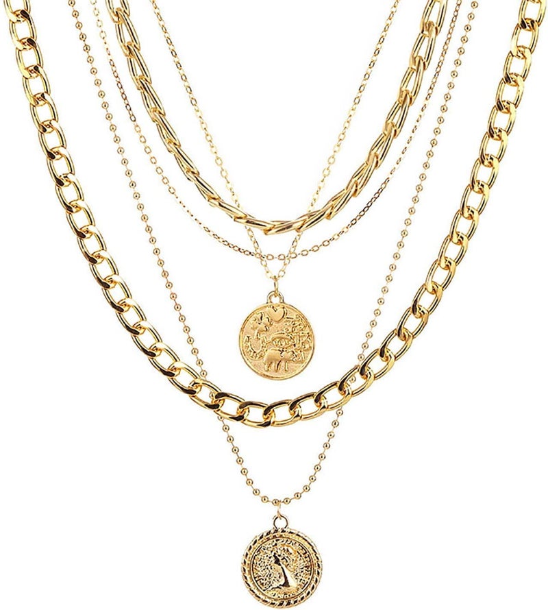 Todenb Layered Gold Pirate Necklace for Women Chunky Chain Pirate Jewelry 80s 90s Coin Pendant Necklace Pirate Costume Accessories (Gold) - Image 1