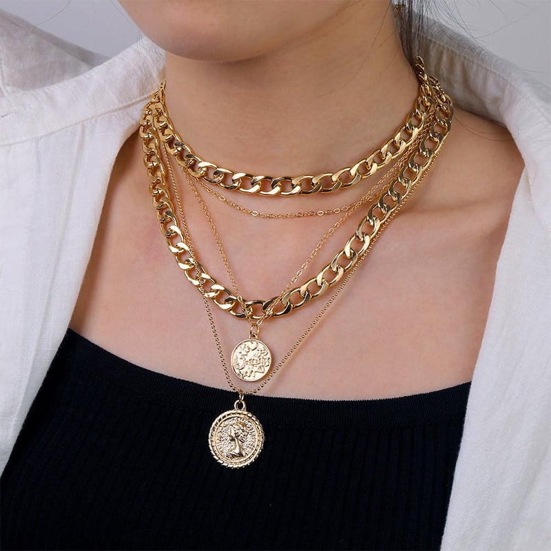Todenb Layered Gold Pirate Necklace for Women Chunky Chain Pirate Jewelry 80s 90s Coin Pendant Necklace Pirate Costume Accessories (Gold) - Image 5