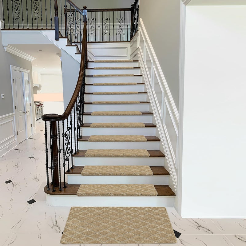 PURE ERA Bullnose Carpet Stair Treads Set Tape Free Non-Slip Indoor Stair Protectors Pet Friendly Rugs 9.5" x 30"(14 Pieces,Khaki Diamond Trellis) - Image 3
