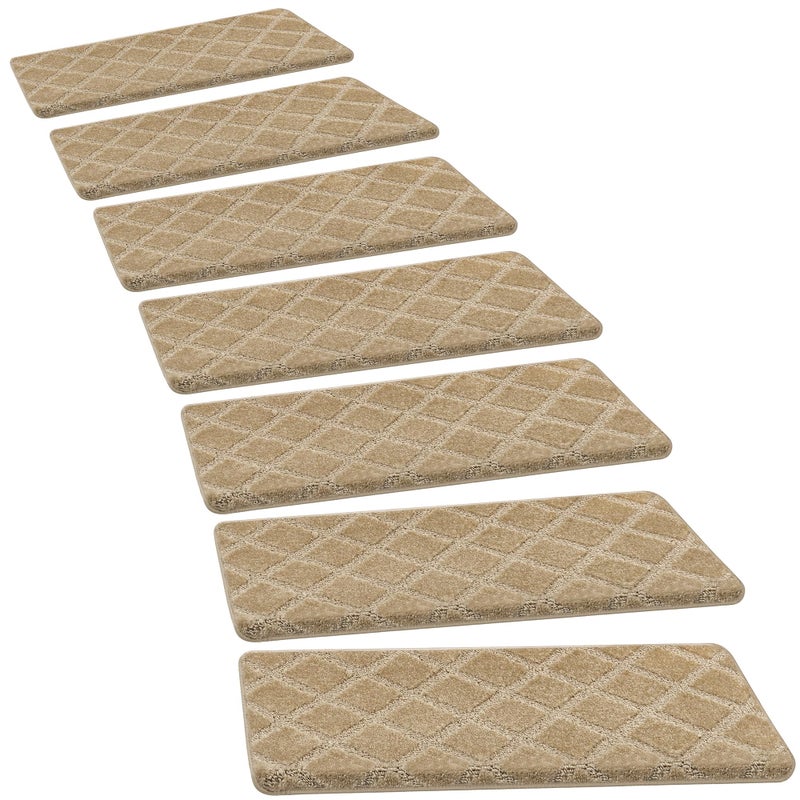 PURE ERA Bullnose Carpet Stair Treads Set Tape Free Non-Slip Indoor Stair Protectors Pet Friendly Rugs 9.5" x 30"(14 Pieces,Khaki Diamond Trellis) - Image 1
