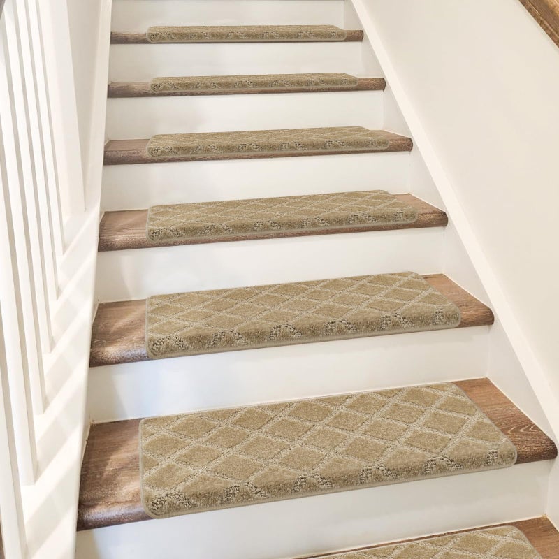 PURE ERA Bullnose Carpet Stair Treads Set Tape Free Non-Slip Indoor Stair Protectors Pet Friendly Rugs 9.5" x 30"(14 Pieces,Khaki Diamond Trellis) - Image 2