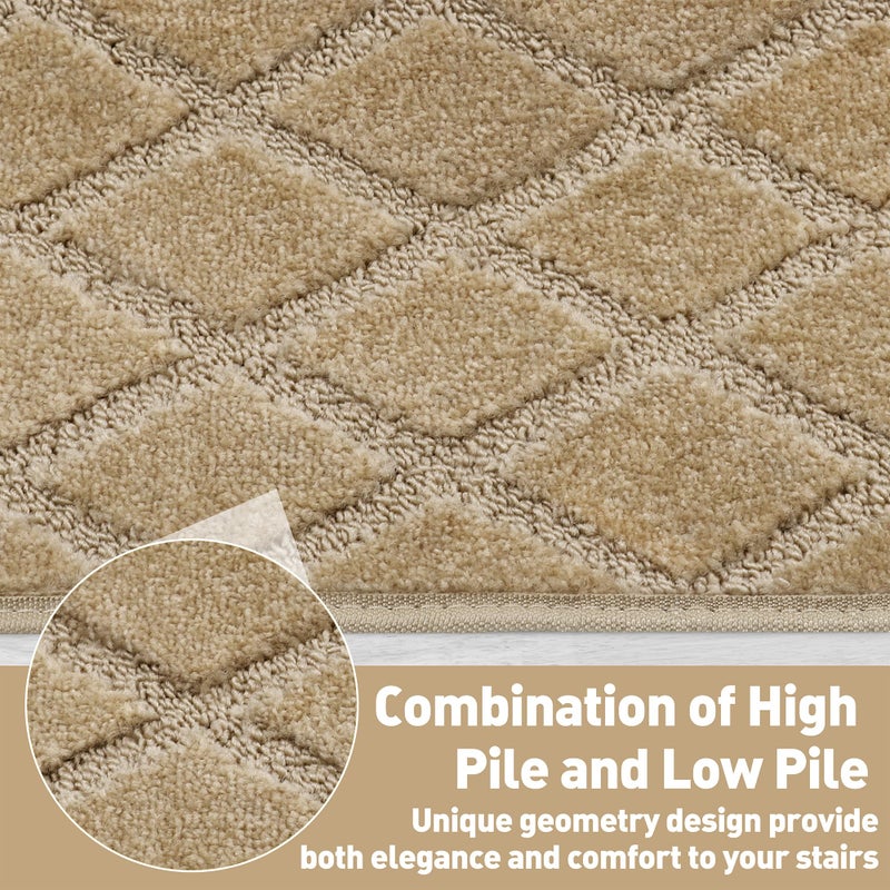 PURE ERA Bullnose Carpet Stair Treads Set Tape Free Non-Slip Indoor Stair Protectors Pet Friendly Rugs 9.5" x 30"(14 Pieces,Khaki Diamond Trellis) - Image 4