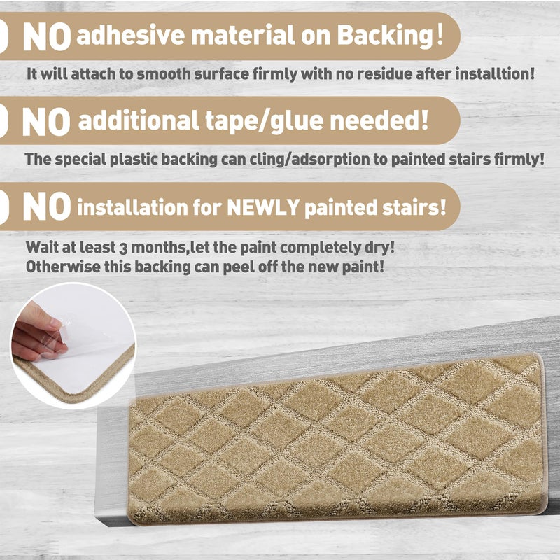PURE ERA Bullnose Carpet Stair Treads Set Tape Free Non-Slip Indoor Stair Protectors Pet Friendly Rugs 9.5" x 30"(14 Pieces,Khaki Diamond Trellis) - Image 5