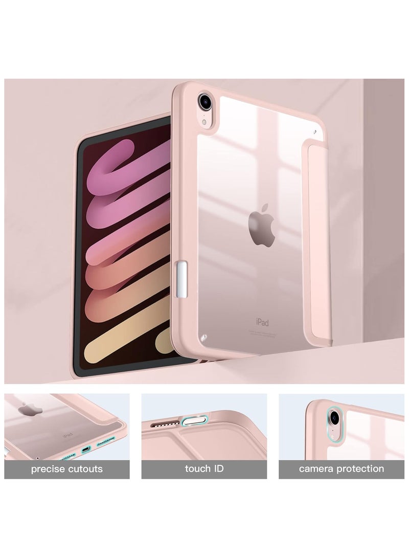 DUSALA Case for iPad mini 7 (A17 Pro, 7th Generation) 2024 / iPad mini 6 (6th Gen) 8.3 Inch with Pencil Holder, Slim Stand Protective Cover with Clear Transparent Back Shell for iPad mini 8.3 inch Tablet, Support Auto Wake/Sleep, (Pink) - Image 3