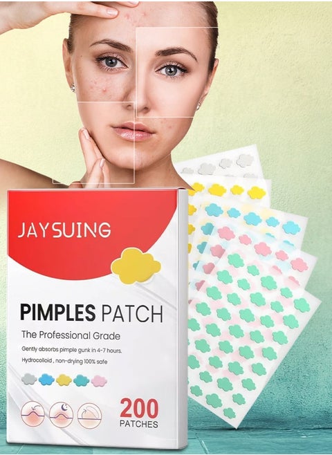 200 Pcs Pimple Patches Hydrocolloid Non Drying Acne Patches for Face Colorful Cloud Pimple Spot Sticker with Hyaluronic Acid Tea Tree Oil and Centella Oil Pimple Patches for Covering Blemishes and Zits