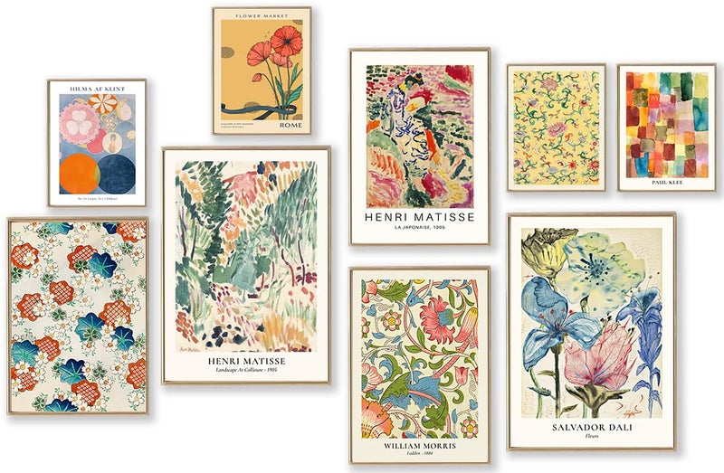 KBKBART Colorful Eclectic Wall Art Prints, 9 PCS Vintage Wall Decor, Matisse William Morris Flower Market Maximalist Home Decor, Trendy Maximalism Famous Artist Painting Pictures - Image 1