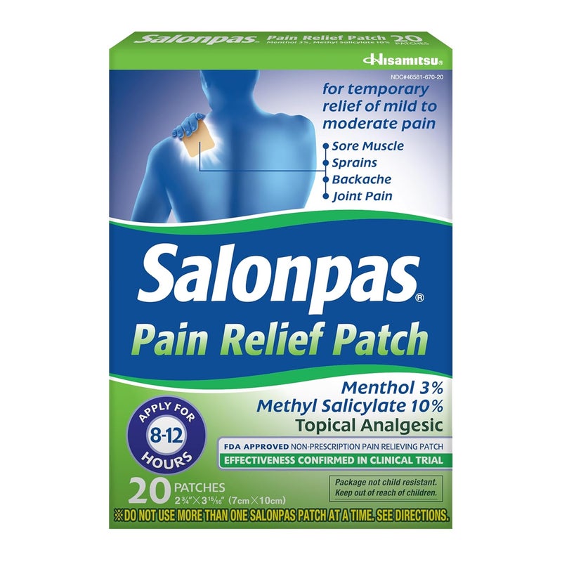 Salonpas Pain Relief Patch, 20 Count (Pack of 1), Up to 12 Hours Temporary Relief of Mild to Moderate Pain, Backache, Sore Muscle, Sprains, Bruises