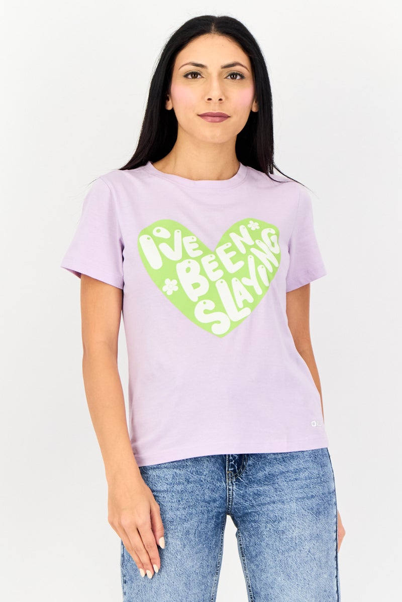 ONLY Women Crew Neck Short Sleeve Graphic Print T-Shirt, Lavender - Image 1