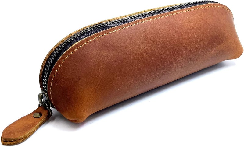 Craoopii Leather Pencil Case Pencil Bag Pouch With Zipper Pen Holders Handmade Genuine Leather For Men Women Students Businessmen And Artists Home Work Office. (Brown) - Image 1