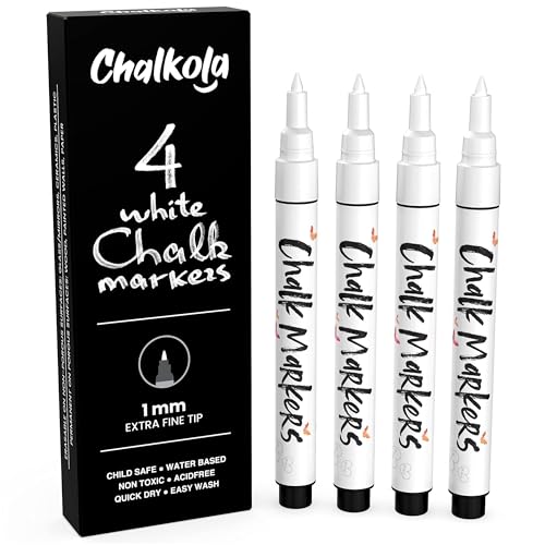 Chalkola Extra Fine Tip White Chalk Markers 4 Pack 1mm Point Chalk Pens White Dry Erase Marker Pen for Blackboard Chalkboards Windows Glass Bistro Signs - Image 1