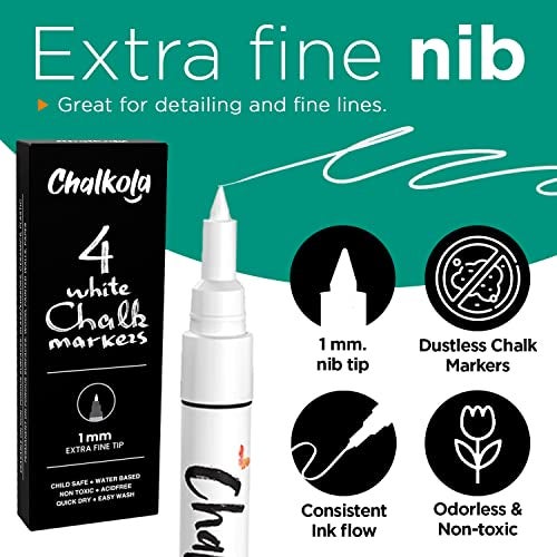 Chalkola Extra Fine Tip White Chalk Markers 4 Pack 1mm Point Chalk Pens White Dry Erase Marker Pen for Blackboard Chalkboards Windows Glass Bistro Signs - Image 3