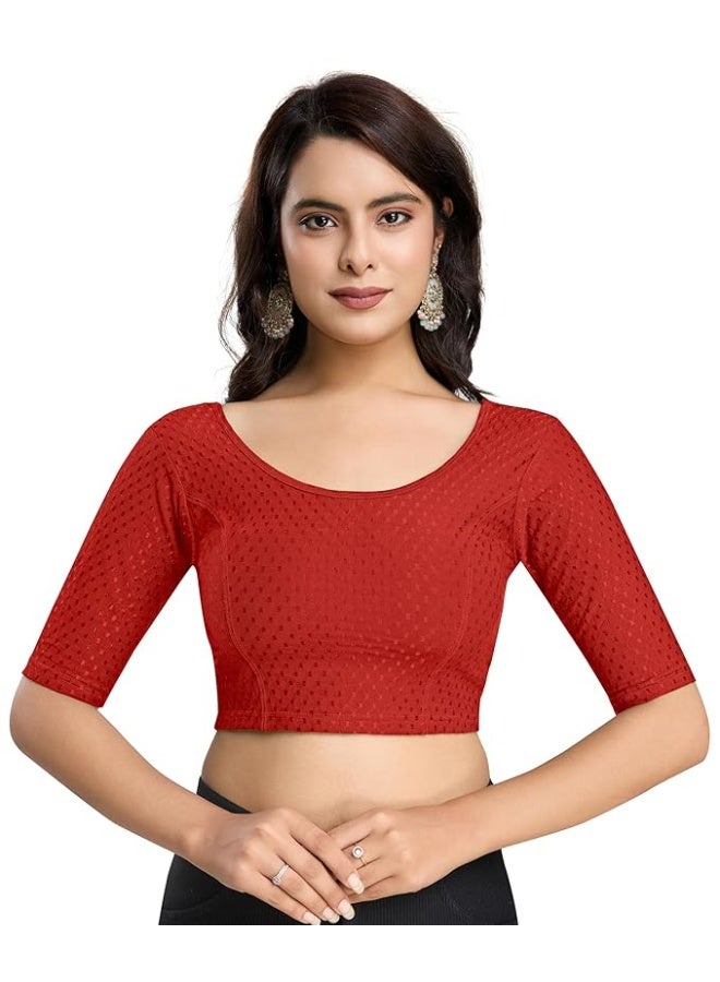 TRENDMALLS L بلوزة نسائية جاهزة للارتداء من تريندمالز، مصنوعة من القطن الخالص المرن، بياقة دائرية وأكمام بطول الكوع، بتصميم أنيق مناسب للساري. - Image 1