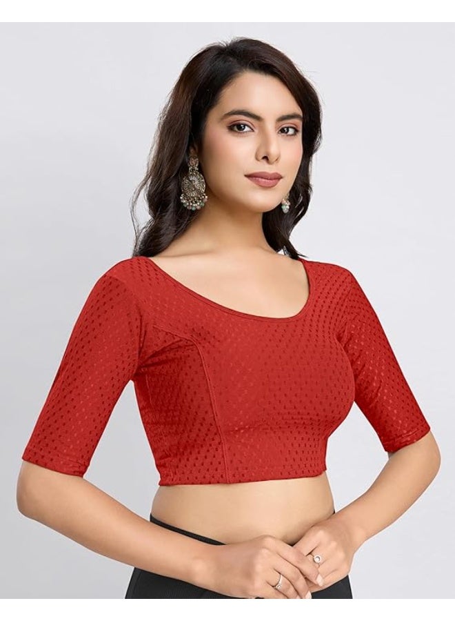 TRENDMALLS L بلوزة نسائية جاهزة للارتداء من تريندمالز، مصنوعة من القطن الخالص المرن، بياقة دائرية وأكمام بطول الكوع، بتصميم أنيق مناسب للساري. - Image 3