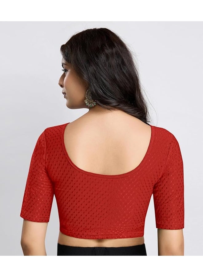 TRENDMALLS L بلوزة نسائية جاهزة للارتداء من تريندمالز، مصنوعة من القطن الخالص المرن، بياقة دائرية وأكمام بطول الكوع، بتصميم أنيق مناسب للساري. - Image 2