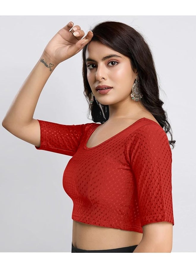 TRENDMALLS L بلوزة نسائية جاهزة للارتداء من تريندمالز، مصنوعة من القطن الخالص المرن، بياقة دائرية وأكمام بطول الكوع، بتصميم أنيق مناسب للساري. - Image 4