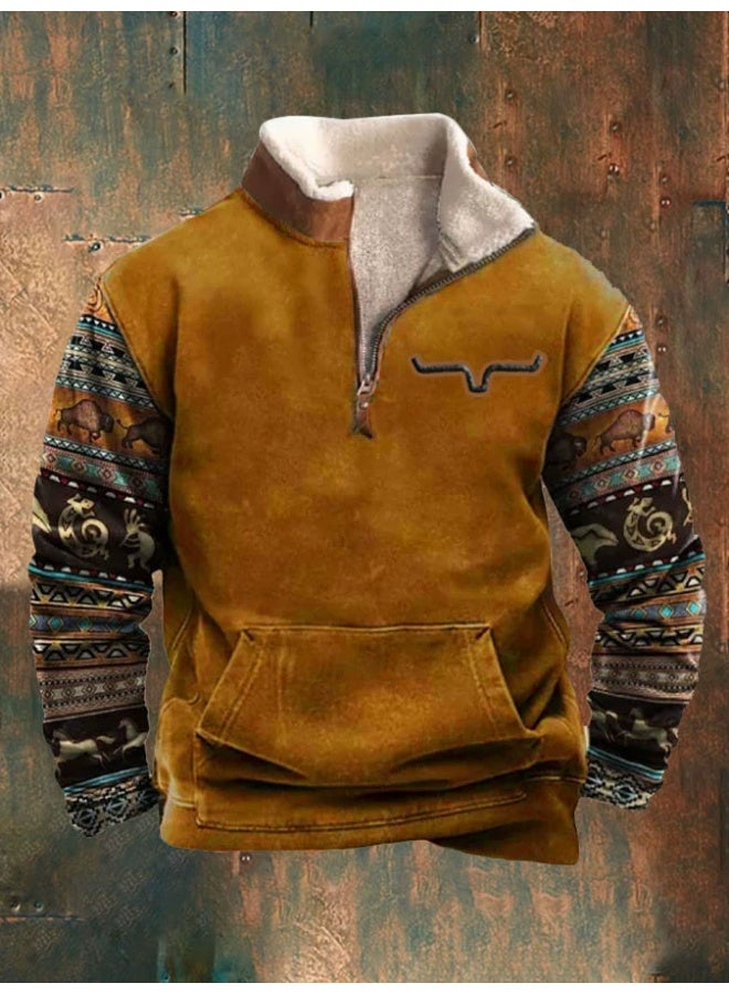 general HOTYD Men's 1/4 Zip Fleece Stand Collar Sweatshirt Aztec Pattern Oversized Long Sleeve Pullover Hoodie - Image 1