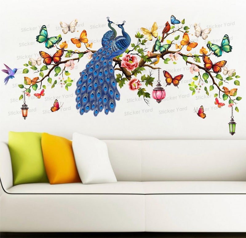Sticker Yard PVC Vinyl Peacock On Colorful Branch Self-Adhesive Wall Sticker for Home Decor/Decoration - Living Room, Bedroom, Kids Room (Multicolor,Size 106X55CM) - Image 1