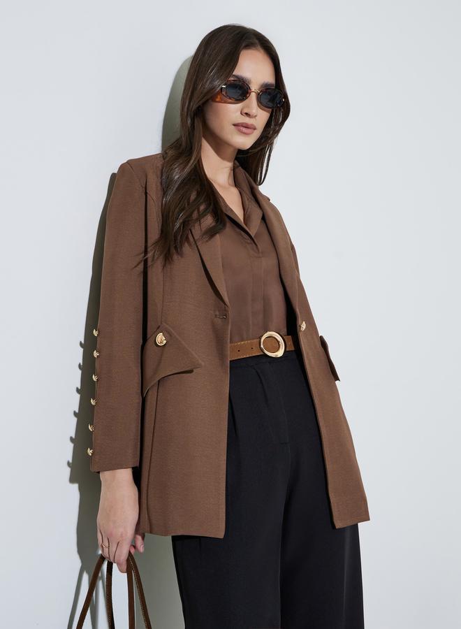 Styli Brown Solid Button Detail Slim Fit Blazer - Image 1