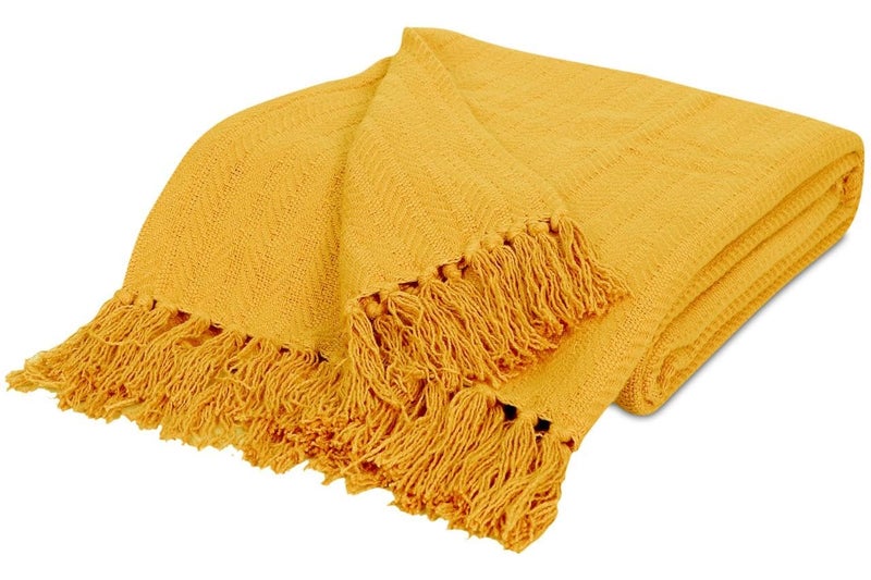 TIB® 100% Cotton Throw Blanket,127x152 cm, Throws for Sofa and Couch 3 Seater 300 TC with Fringes, (Yellow) - Image 4