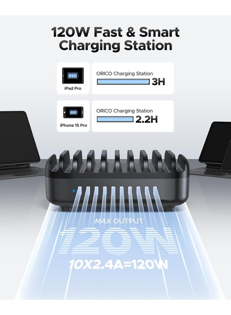 ORICO 120W Charging Station for Multiple Devices 10 Ports Smart USB Charging Docking Organizer with Cooling Fan Compatible for iPhone, iPads, Samsung, Android Phone and Tablets (Cables not Included) - Image 4