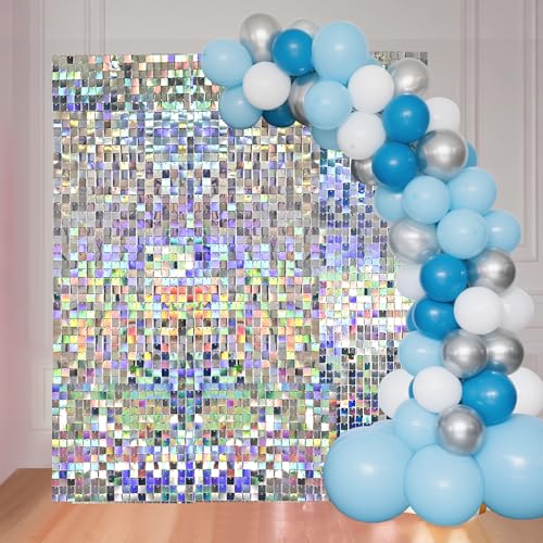 Ozikutech 24 Pcs Iridescent Silver Shimmer Wall Backdrop, Square Sequin Backdrop Panels for Birthday Gala Graduation Party Anniversary Decoration - 6x4 FT - Image 1