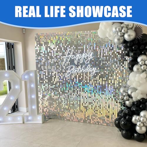 Ozikutech 24 Pcs Iridescent Silver Shimmer Wall Backdrop, Square Sequin Backdrop Panels for Birthday Gala Graduation Party Anniversary Decoration - 6x4 FT - Image 5