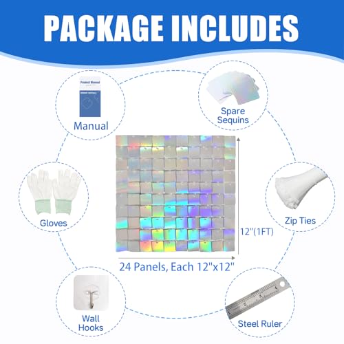 Ozikutech 24 Pcs Iridescent Silver Shimmer Wall Backdrop, Square Sequin Backdrop Panels for Birthday Gala Graduation Party Anniversary Decoration - 6x4 FT - Image 2