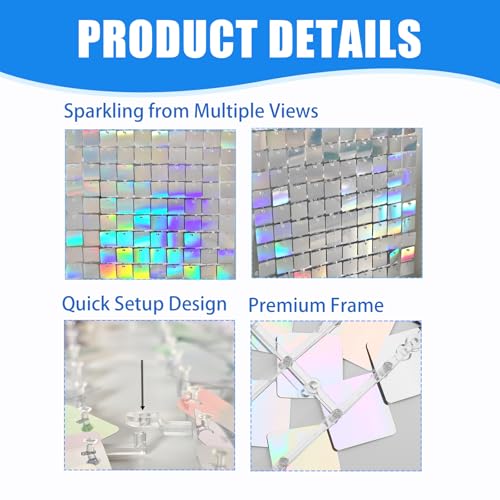 Ozikutech 24 Pcs Iridescent Silver Shimmer Wall Backdrop, Square Sequin Backdrop Panels for Birthday Gala Graduation Party Anniversary Decoration - 6x4 FT - Image 4