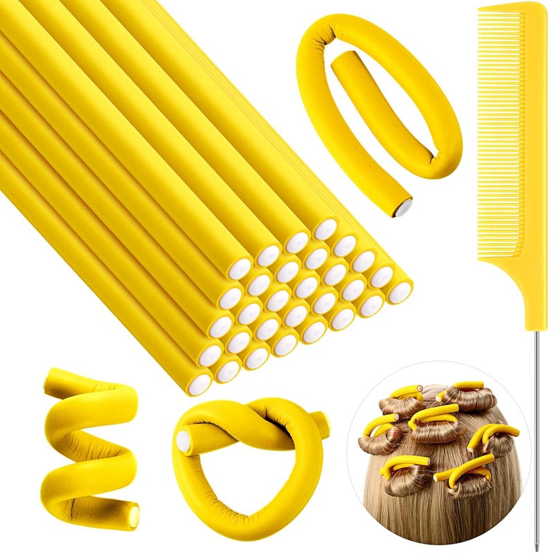 Syhood 30 Pcs 7 Flexible Curling Rods Twist Foam Hair Rollers Soft Foam No Heat Hair Rods Rollers and 1 Steel Pintail Comb Rat Tail Comb for Women Long Short HairYellow7 x 03 Inch
