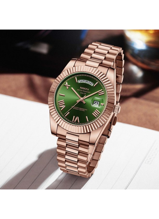 NIBOSI - NIBOSI Men Watches Analog Quartz Stainless Steel Watches for Men Waterproof Business Classic Desiger Wrist Watch Day&Date (Rose Green) - Image 1