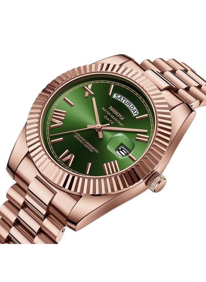 NIBOSI - NIBOSI Men Watches Analog Quartz Stainless Steel Watches for Men Waterproof Business Classic Desiger Wrist Watch Day&Date (Rose Green) - Image 1