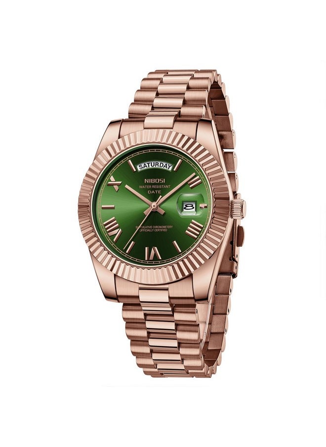 NIBOSI - NIBOSI Men Watches Analog Quartz Stainless Steel Watches for Men Waterproof Business Classic Desiger Wrist Watch Day&Date (Rose Green) - Image 1