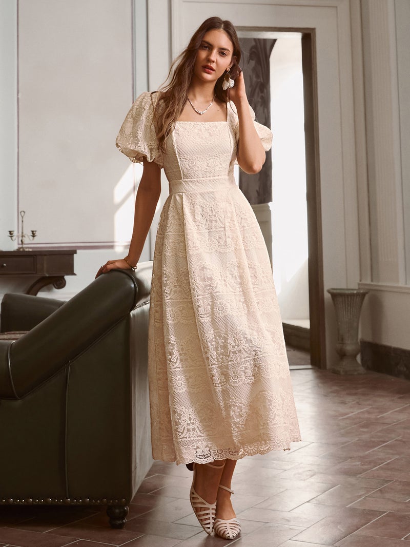 SIMPLEE Dress Square Neck Short Puff Sleeve High Waist A-Line Lace Eyelet Apricot French Rustic Fashion Summer Trendy - Image 2