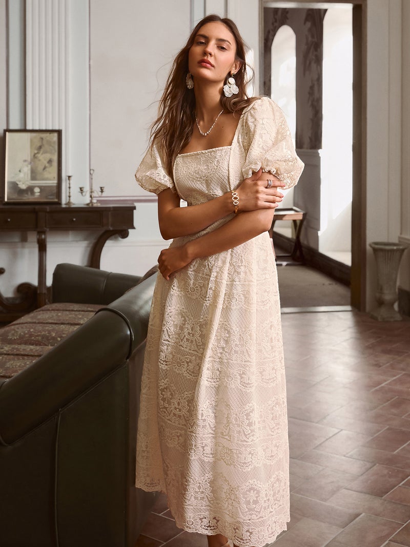 SIMPLEE Dress Square Neck Short Puff Sleeve High Waist A-Line Lace Eyelet Apricot French Rustic Fashion Summer Trendy - Image 3