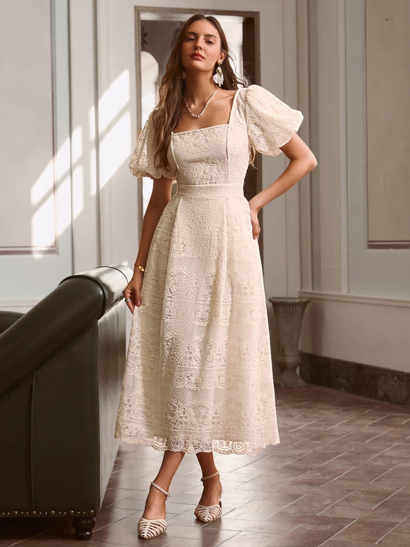 SIMPLEE Dress Square Neck Short Puff Sleeve High Waist A-Line Lace Eyelet Apricot French Rustic Fashion Summer Trendy - Image 5