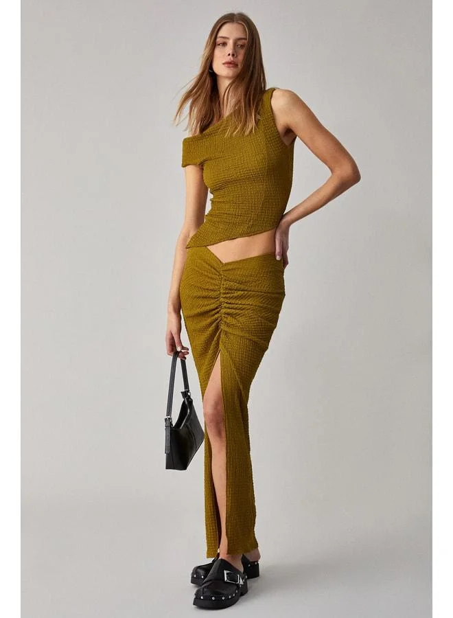 GRIMELANGE BONIA Women's Slim Fit Knitted Green Skirt with Slit Detail.