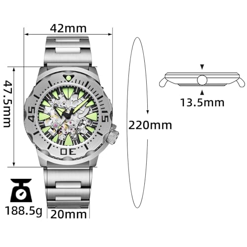 ADDIESDIVE 42 MM Mens Dive Watch 8N24 Automatic Movement Mechanical Silver Skeleton Dial Analog Luminous Luxury Fashion Punk Style Watch - Image 2