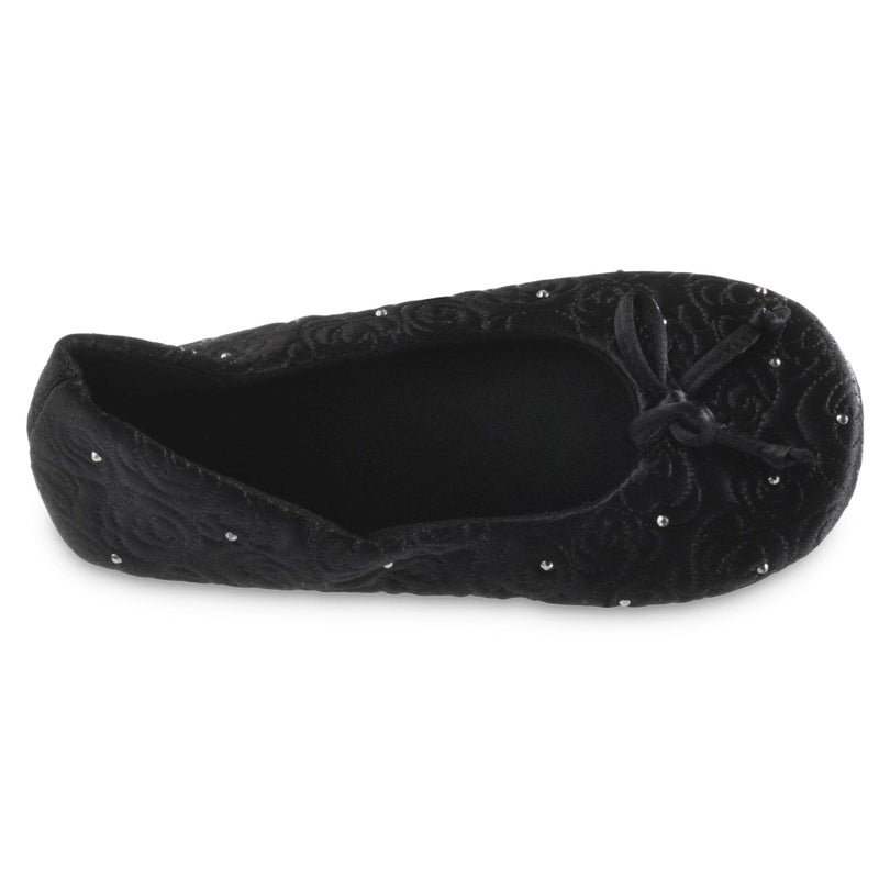isotoner womens Ballerina Slippers With Terry Lined and Rose Quilt Ballet Flat, Black, 9-Aug US - Image 3