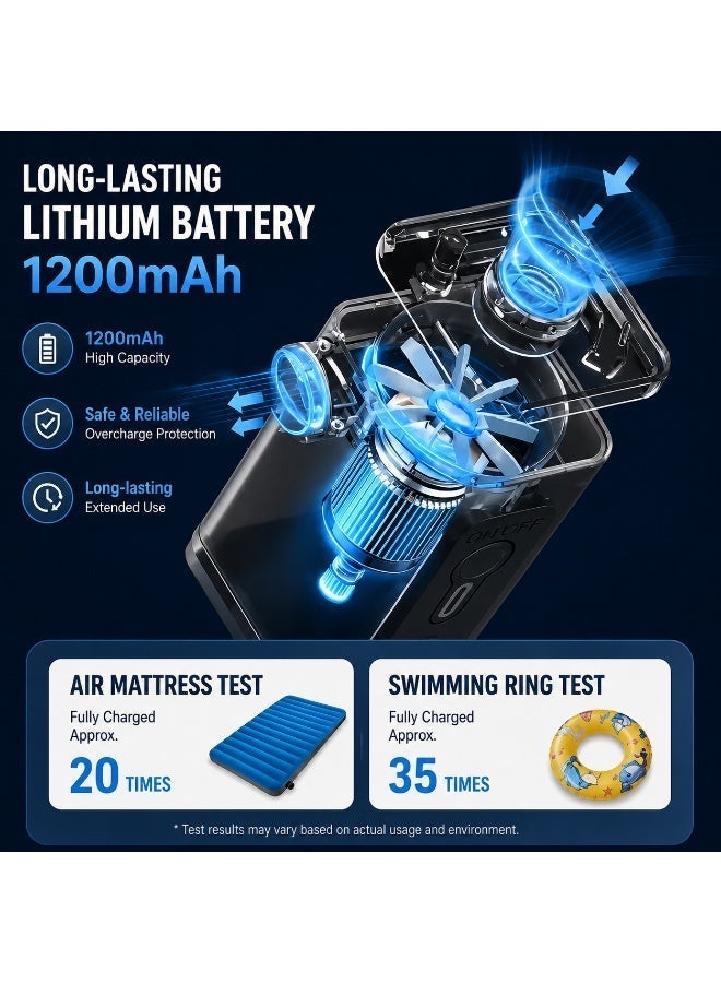 ORIONMAX Mini Portable Camping Air Pump & Inflator – Electric Air Pump with 1200mAh Rechargeable Battery, Type-C Charging, 5 Nozzles, Compatible with Air Mattresses, Swim Rings & Vacuum Storage Bags – Compact Multi-Purpose Inflator - Image 3
