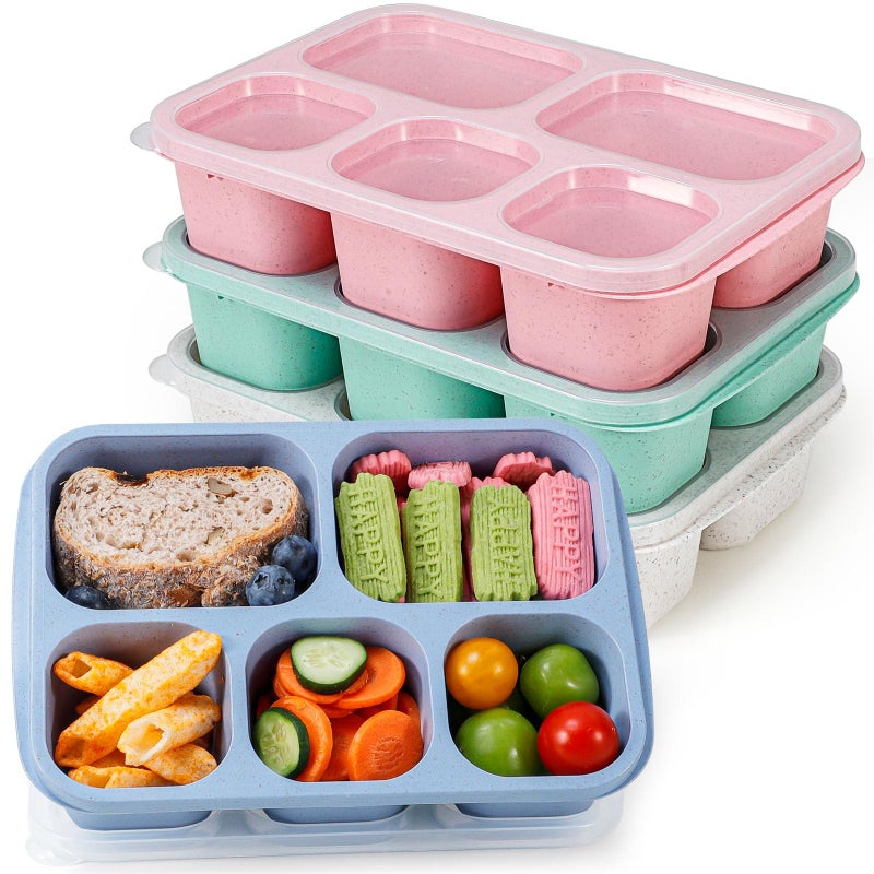 Caperci Wheat Straw Bento Snack Box Containers for Adults & Kids - Reusable Adult Lunchable Food Storage Containers with 5-Compartment for Snacks & Meals, BPA-Free, 4-Pack (Multicolor & Clear Lids) - Image 1